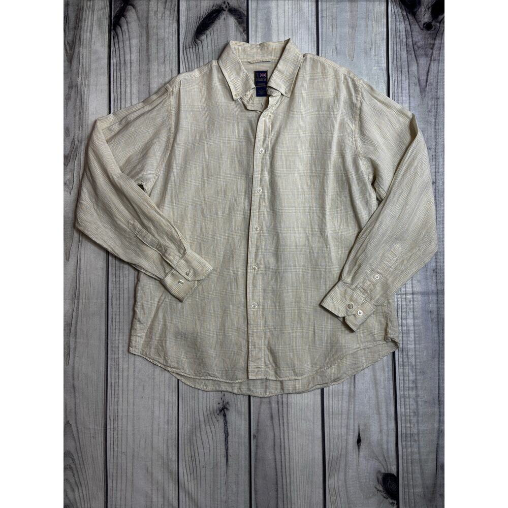 T Harris London 100% Linen Sz L Button Down Dress Collar Shirt Yellow